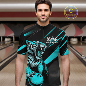 Personalized Tiger Bowling Team Men Quarter-Zip Shirts, Black And Blue Tiger Bowling Jerseys IPHW9023