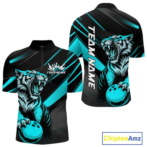 Personalized Tiger Bowling Team Men Quarter-Zip Shirts, Black And Blue Tiger Bowling Jerseys IPHW9023