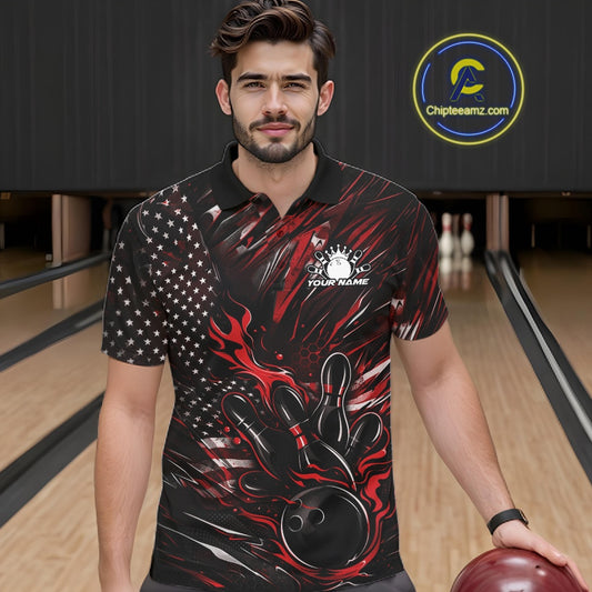Male model wearing a black and red bowling polo shirt at a bowling lane with patriotic bowling strike artwork and fiery accents.