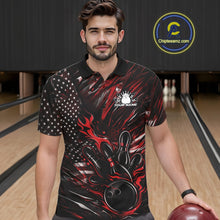 Load image into Gallery viewer, Male model wearing a black and red bowling polo shirt at a bowling lane with patriotic bowling strike artwork and fiery accents.