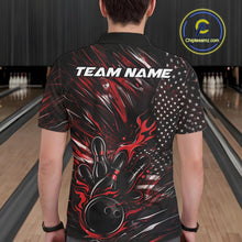 Load image into Gallery viewer, Back view of a male model in a bowling center wearing a black and red polo shirt featuring a flaming bowling ball hitting the pins.