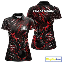 Load image into Gallery viewer, Front and back mockup of a black and red women’s bowling polo shirt showcasing a patriotic flaming bowling ball striking pins with American flag details.