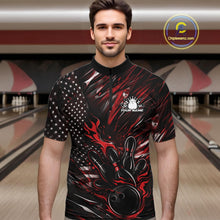 Load image into Gallery viewer, Male model wearing a black and red bowling quarter-zip shirt at a bowling lane with fiery bowling action artwork and patriotic accents.