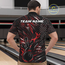 Load image into Gallery viewer, Front view of a male model in a bowling center wearing a black and red quarter-zip shirt featuring a bowling strike motif with flame effects.