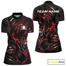 Load image into Gallery viewer, Women’s quarter zip bowling shirt mockup showcasing black and red colorway with patriotic flames bowling ball striking pins and American flag inspired design