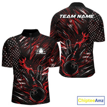 Load image into Gallery viewer, Front and back view of a black and red men’s bowling quarter-zip shirt showcasing a patriotic flaming bowling ball striking pins with American flag elements.