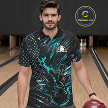 Load image into Gallery viewer, Male model at a bowling lane wearing a black and turquoise blue bowling polo shirt with fiery bowling action artwork and patriotic graphics.