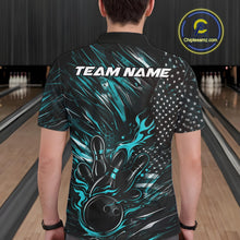 Load image into Gallery viewer, Back view of a male model in a bowling venue wearing a black and turquoise blue polo shirt showcasing a patriotic bowling strike scene.