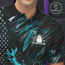 Load image into Gallery viewer, Close-up of the left chest on a black and turquoise blue bowling polo shirt featuring a flaming bowling ball striking pins with patriotic styling.