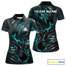 Load image into Gallery viewer, Front and back display of a black and turquoise blue women’s bowling polo shirt featuring a patriotic flaming bowling ball striking pins and flag-themed accents.