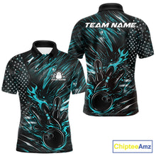 Load image into Gallery viewer, Front and back view of a black and turquoise blue men’s bowling polo shirt featuring a patriotic flaming bowling ball striking pins with flag-themed accents.