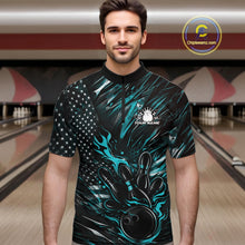 Load image into Gallery viewer, Male model at a bowling lane wearing a black and turquoise blue bowling quarter-zip shirt with fiery bowling strike artwork and patriotic graphics.