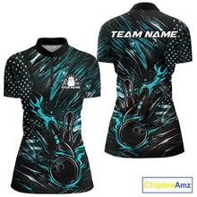 Load image into Gallery viewer, Women’s quarter zip bowling shirt mockup featuring black and turquoise blue colorway with patriotic flames bowling ball striking pins and flag-themed accents