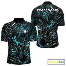 Load image into Gallery viewer, Front and back display of a black and turquoise blue men’s bowling quarter-zip shirt featuring a patriotic flaming bowling ball striking pins and flag-themed accents.
