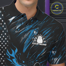 Load image into Gallery viewer, Close-up left chest detail of a black and blue bowling polo shirt featuring a patriotic bowling strike design with American flag elements.