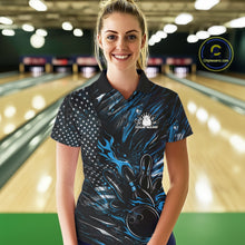 Load image into Gallery viewer, Female model wearing a black and blue bowling polo shirt at a bowling lane with fiery bowling strike graphics and patriotic styling.
