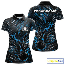 Load image into Gallery viewer, Front and back view of a black and blue women’s bowling polo shirt featuring a patriotic flaming bowling ball striking pins with American flag artwork.