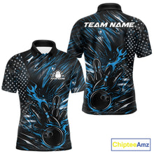 Load image into Gallery viewer, Front and back display of a black and blue men’s bowling polo shirt featuring a patriotic flaming bowling ball striking pins and flag-inspired artwork.