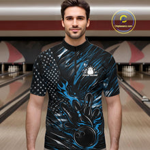 Load image into Gallery viewer, Male model wearing a black and blue bowling quarter-zip shirt at a bowling lane with fiery bowling action graphics and patriotic details.