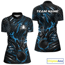 Load image into Gallery viewer, Women’s quarter zip bowling shirt mockup displaying black and blue colorway with patriotic flames bowling ball striking pins and flag-inspired design