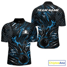 Load image into Gallery viewer, Front and back mockup of a black and blue men’s bowling quarter-zip shirt featuring a patriotic flaming bowling ball striking pins with American flag artwork.