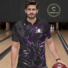 Load image into Gallery viewer, Male model at a bowling lane wearing a black and purple bowling polo shirt with fiery bowling strike graphics and patriotic styling.