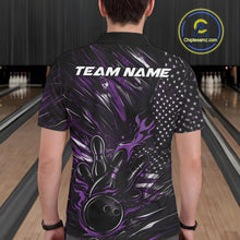 Load image into Gallery viewer, Back view of a male model in a bowling center wearing a black and purple polo shirt showcasing a patriotic bowling action scene.