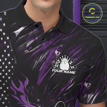 Load image into Gallery viewer, Close-up of the left chest area on a black and purple bowling polo shirt featuring a flaming bowling ball striking pins with patriotic accents.
