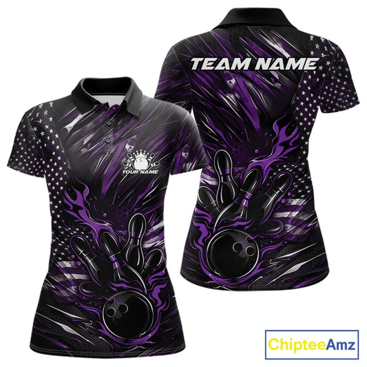 Front and back mockup of a black and purple women’s bowling polo shirt showcasing a patriotic flaming bowling ball striking pins with American flag accents.