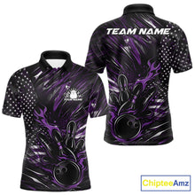 Load image into Gallery viewer, Front and back mockup of a black and purple men’s bowling polo shirt featuring a patriotic flaming bowling ball striking pins with American flag details.