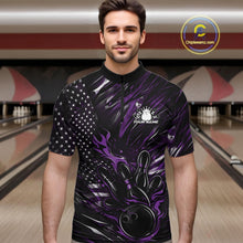 Load image into Gallery viewer, Male model at a bowling lane wearing a black and purple bowling quarter-zip shirt with fiery bowling-themed artwork and patriotic accents.