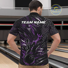 Load image into Gallery viewer, Front view of a male model in a bowling center wearing a black and purple quarter-zip shirt featuring a flaming bowling strike design.