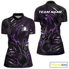 Load image into Gallery viewer, Women’s quarter zip bowling shirt mockup showcasing black and purple colorway with patriotic flames bowling ball hitting pins and flag-themed graphics