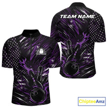 Load image into Gallery viewer, Front and back view of a black and purple men’s bowling quarter-zip shirt showcasing a patriotic flaming bowling ball striking pins with flag-inspired graphics.