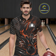 Load image into Gallery viewer, Male model wearing a black and orange bowling polo shirt at a bowling lane with fiery bowling action artwork and American flag accents.