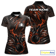 Load image into Gallery viewer, Front and back display of a black and orange women’s bowling polo shirt featuring a patriotic flaming bowling ball striking pins with flag-themed artwork.