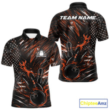 Load image into Gallery viewer, Front and back view of a black and orange men’s bowling polo shirt showcasing a patriotic flaming bowling ball striking pins with flag-themed graphics.