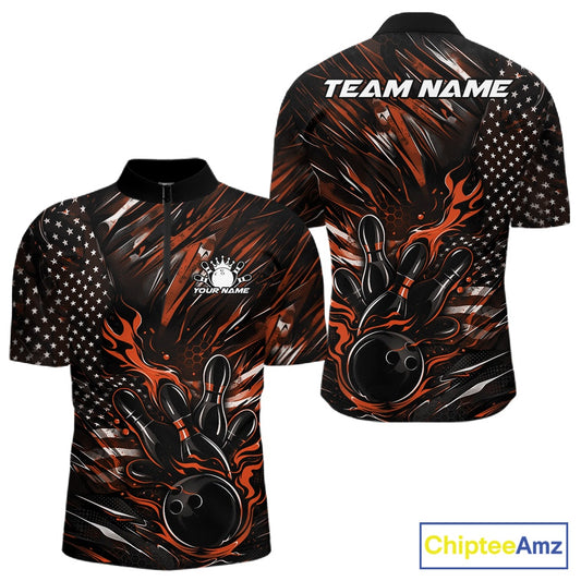 Front and back display of a black and orange men’s bowling quarter-zip shirt featuring a patriotic flaming bowling ball striking pins and American flag accents.