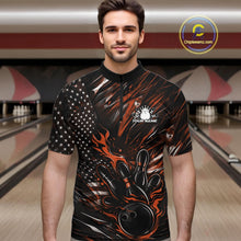 Load image into Gallery viewer, Male model wearing a black and orange bowling quarter-zip shirt at a bowling lane with fiery bowling strike artwork and patriotic styling.