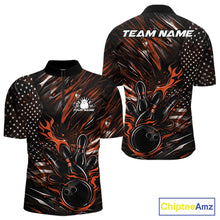 Load image into Gallery viewer, Front and back display of a black and orange men’s bowling quarter-zip shirt featuring a patriotic flaming bowling ball striking pins and American flag accents.