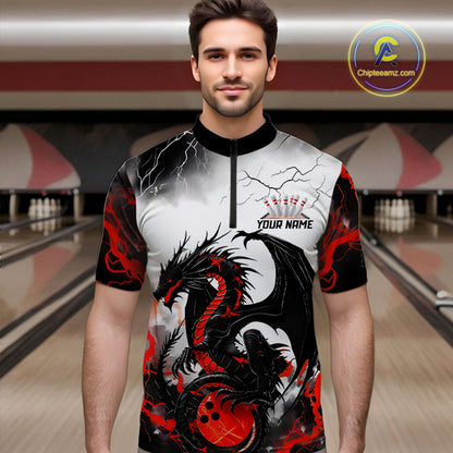 Front view of a male model in a bowling alley wearing a custom quarter-zip bowling shirt featuring a red dragon and lightning strikes design.
