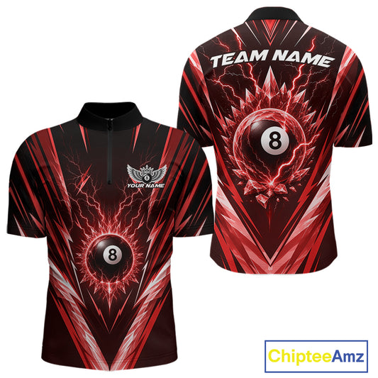 Custom Red Icy Lightning 8 Ball Billiards Men Quarter Zip Shirt, Billiards Team Jerseys IPHW11759