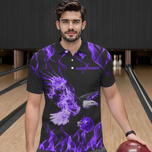 Load image into Gallery viewer, Custom Black And Purple Flame Eagle Bowling Team Men Polo Shirts, Eagle Bowling League Shirt IPHW8790