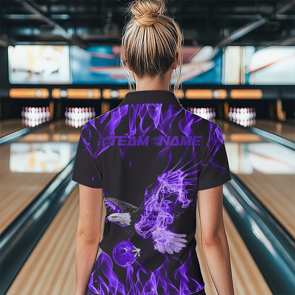 Custom Black And Purple Flame Eagle Bowling Team Women Polo Shirts, Bowling League Shirt IPHW8790