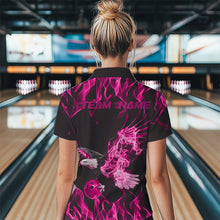 Load image into Gallery viewer, Custom Black And Pink Flame Eagle Bowling Team Women Polo Shirt, Eagle Bowling League Shirt IPHW8791