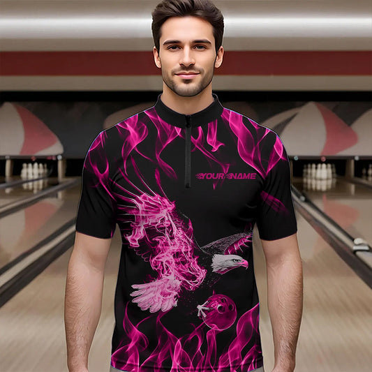 Custom Black And Pink Flame Eagle Bowling Team Men Quarter-Zip Shirts, Eagle Bowling League Shirt IPHW8791