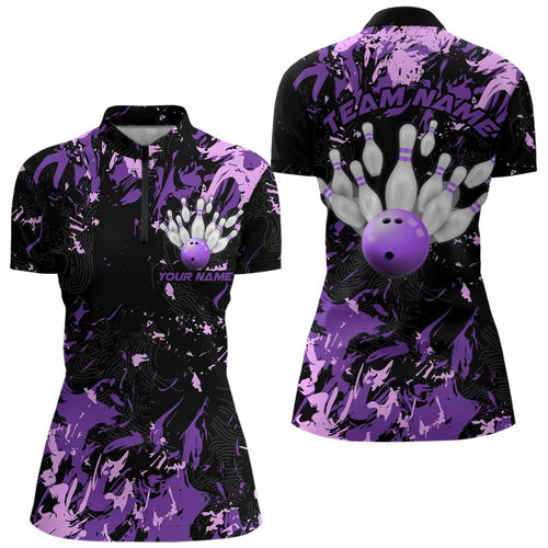 Black, Purple And Pink Custom Bowling Women Quarter-Zip Shirts, Bowling Ball And Pin Jersey IPHW8796