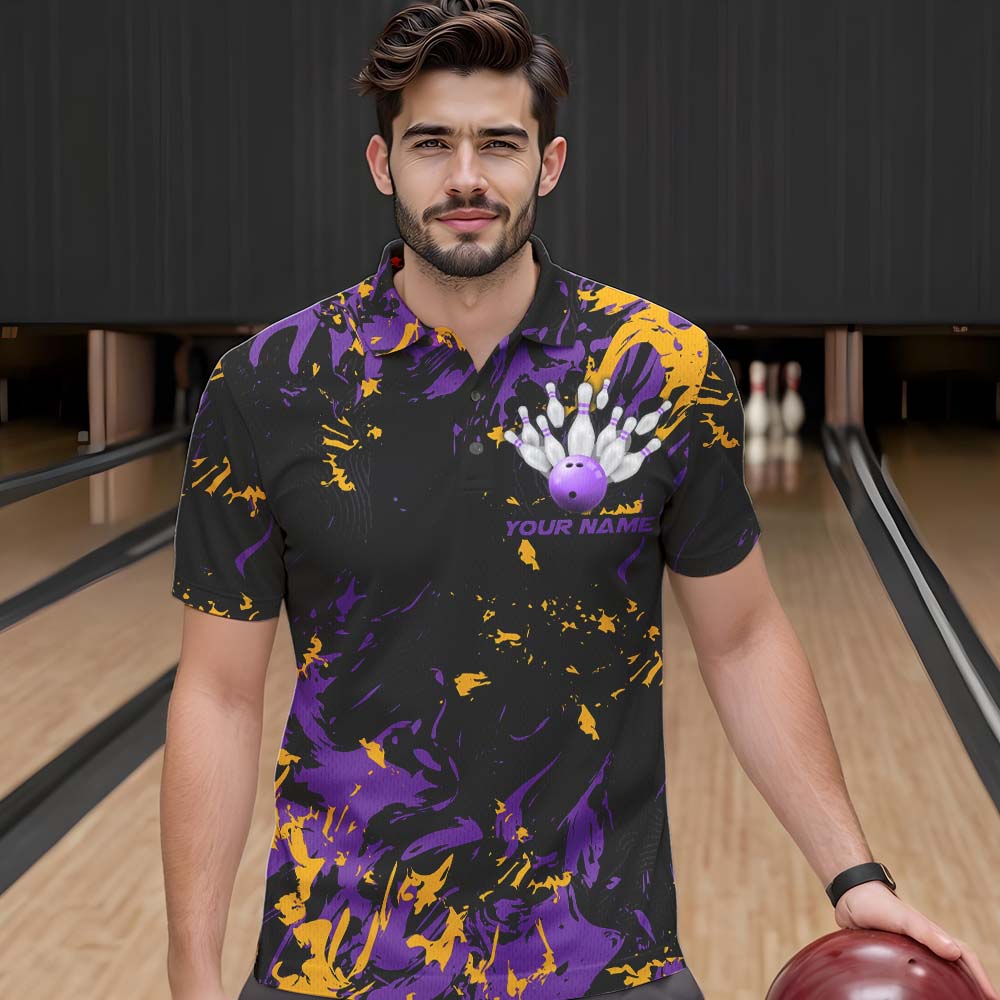 Black, Purple And Yellow Custom Bowling Team Men Polo Shirts, Bowling Ball And Pin Jerseys IPHW8797