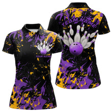 Load image into Gallery viewer, Black, Purple And Yellow Custom Bowling Team Women Polo Shirt, Bowling Ball And Pin Jerseys IPHW8797