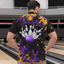 Load image into Gallery viewer, Black, Purple And Yellow Custom Bowling Team Men Quarter-Zip Shirts, Bowling Ball And Pin Jerseys IPHW8797